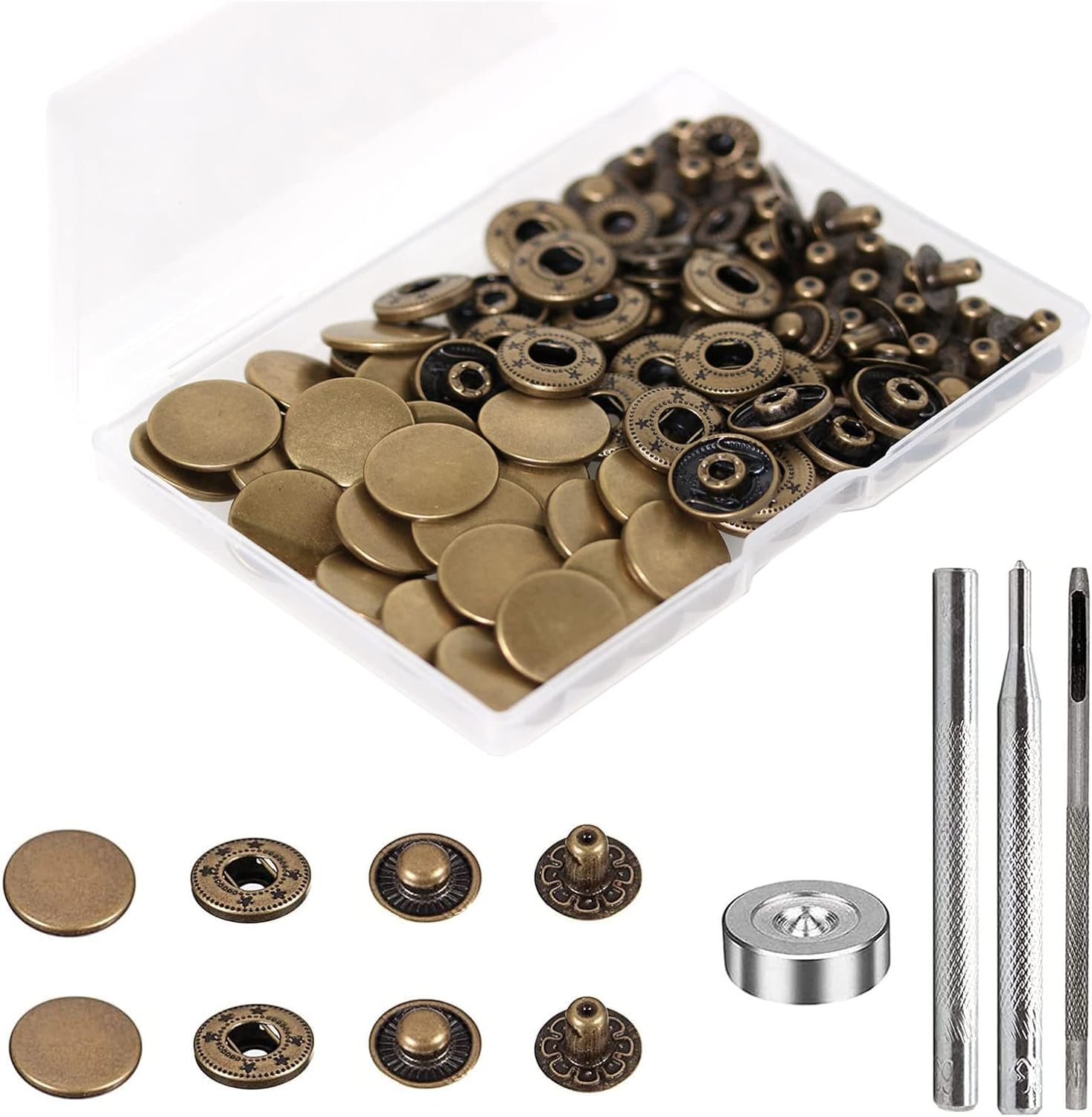 230816044852249_1 24 Sets Heavy Duty Leather Snap Fasteners Kit, BetterJonny 17mm Metal Snap Buttons Press Studs Leather Rivets Snaps with 4 Setter Tools for Clothes Bracelet Jackets Jeans (Silver) - Image 1